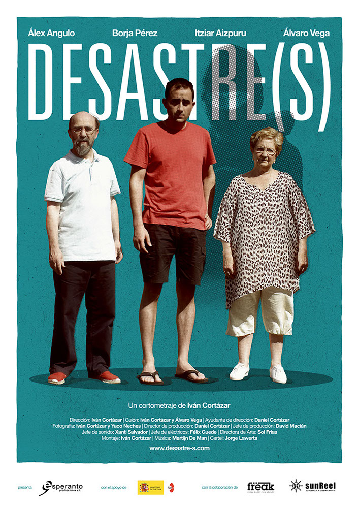 Poster of the Short Film Desastre(s)- featuring two men and a senior woman standing in front of a sillhuette of a man in a mask 