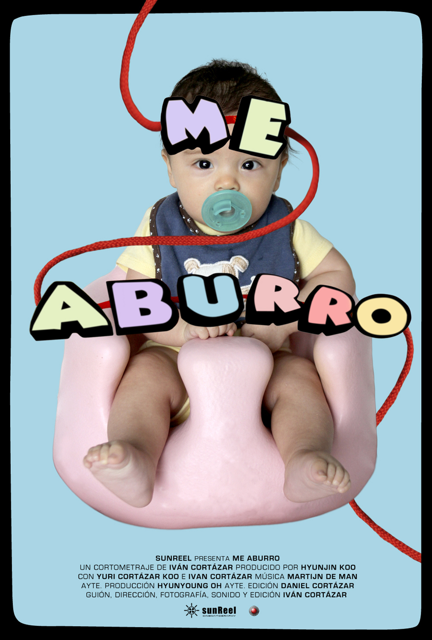 Poster for the short film Me Aburro featuring a kid sitting on a fluffy pink seat and the words Me Aburro on him