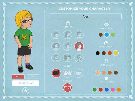 Menu of You and the Flying Squid app with buttons with different options and a drawing of a child