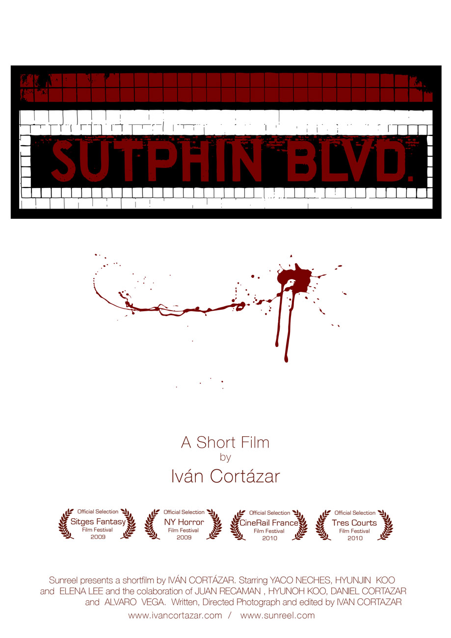 Poster of the short film Sutphin Blvd. White background with a splash of red blood, the title above a