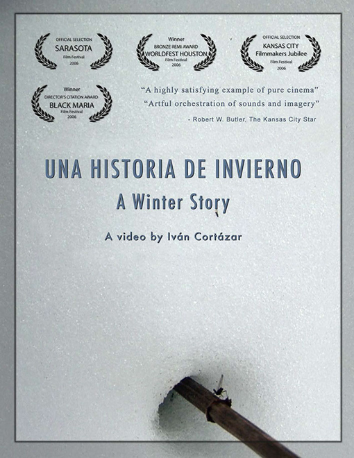 Poster for the Short Film Una Historia de Invierno featuring  a brand with a bug on a snow field, above the title and Laurels