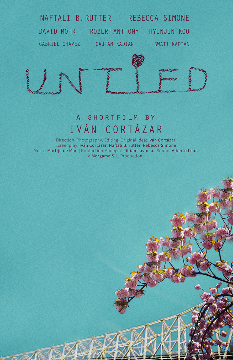 Poster for the shortfall Untied displaying a blue sky with a bridge and cherry blossoms. The credits and title above